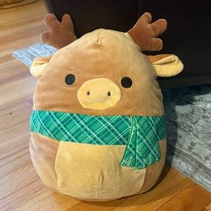 Squishmallows Brown Moose Plush Pillow with Green Plaid Scarf